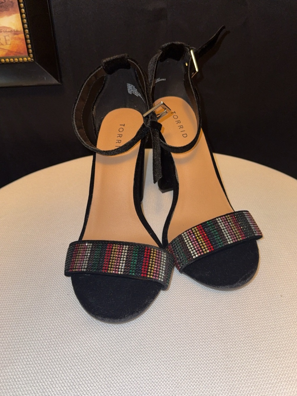 Black Ankle-Strap Heels with Multicolor Beaded Front- New